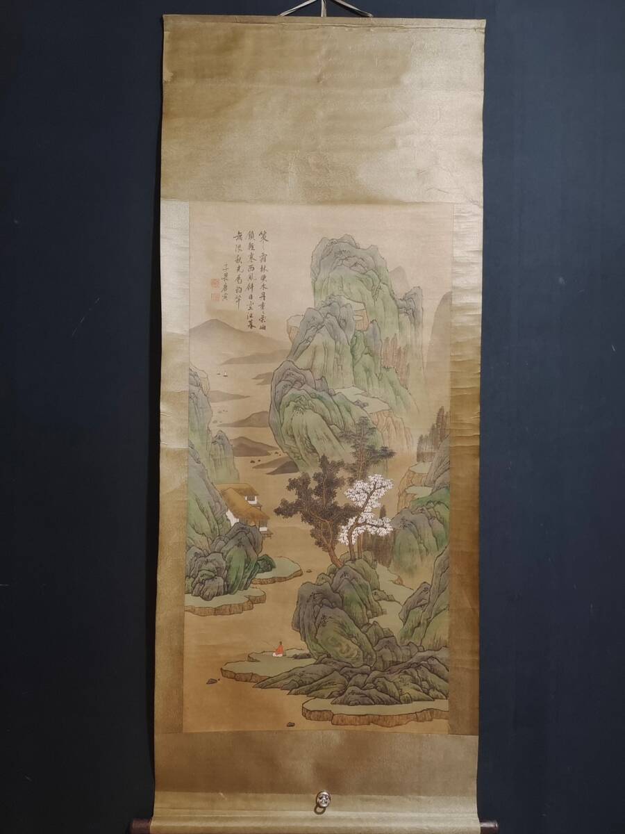 旧蔵【明代著名画家 唐寅】山水画 中堂画 手繪画 宣紙 挂軸 古美術品 L0303, 美術品, 絵画, 水墨画