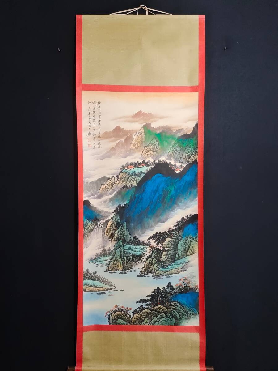 Ehemals im Besitz des chinesischen modernen und zeitgenössischen Nationalmalers Zhang Dai-chien, Landschaftsmalerei, rein handbemalt, Xuan-Papier, Hängerolle, seltener Gegenstand, antike Kunst L0309, Kunstwerk, Malerei, Tuschemalerei