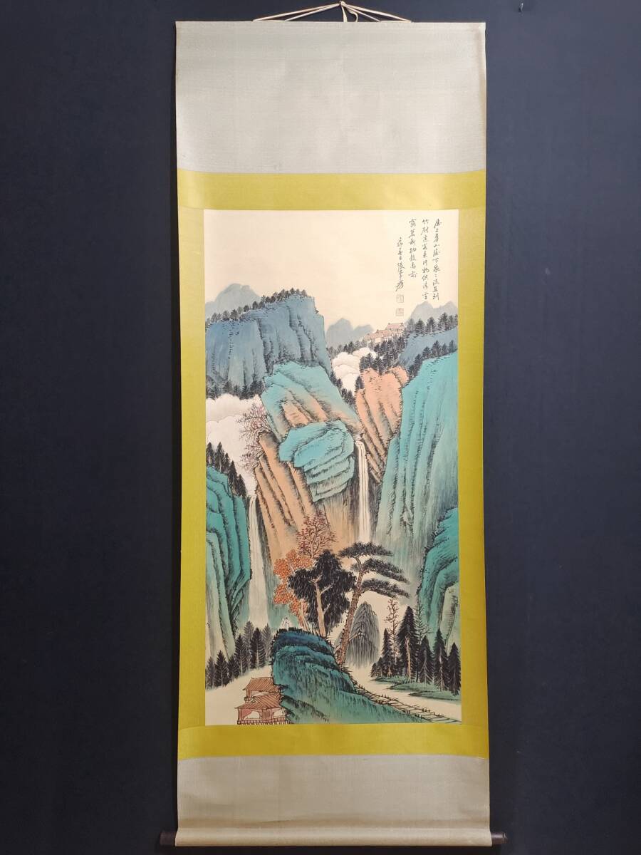 Ehemals im Besitz des chinesischen modernen und zeitgenössischen Nationalmalers [Zhang Daichien] Landschaftsmalerei, rein handbemalt, Hängerolle, seltener Gegenstand, antike Kunst, antike Delikatesse L0309, Kunstwerk, Malerei, Tuschemalerei