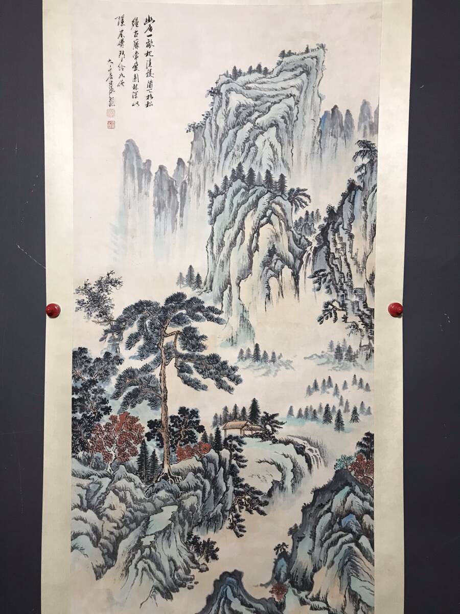 旧蔵 中国近現代国画家【張大千】山水画 純手繪 中堂画 宣紙 挂軸 稀少珍品 古美術品 古美味 L0309, 美術品, 絵画, 水墨画