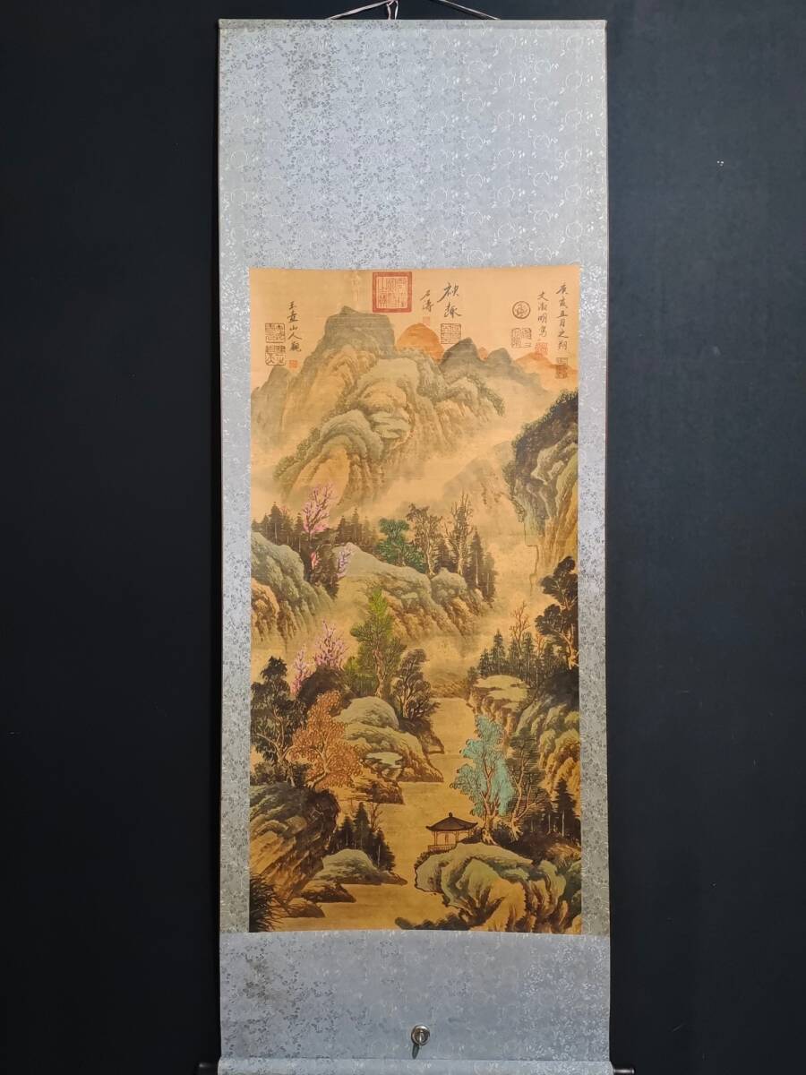 旧蔵 明代畫家【文正明】山水画 手繪画 中堂画 宣紙 挂軸 古美味 L0317, 美術品, 絵画, 水墨画