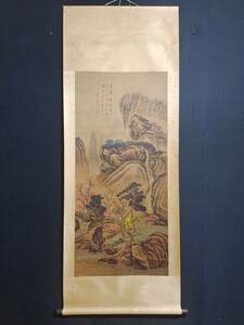 旧蔵 明代著名画家【沈周】山水画 中堂画 手繪画 絹本 挂軸 古美術品 古美味 L0318