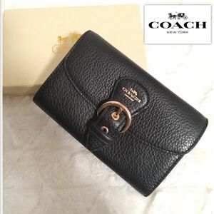 美品　COACH　コーチ　 C6896　二つ折り財布 長財布　レザー　ゴールド金具　ベルト　ブラック　黒