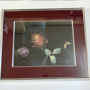 真作 輪島漆芸 輪島塗 角康二 漆絵 額装 伝統工芸 薔薇 バラ 縦56センチ　横47センチ　幅4センチ　角D0209-21