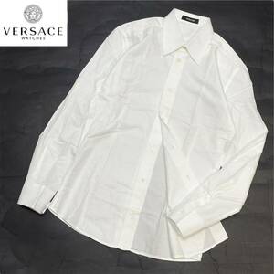 国内正規品 Versace ヴェルサーチ 長袖コットン チェック カッターシャツ LONG SLEEVE SHIRT ビジネス ドレス 48 ホワイト メンズ