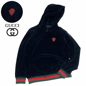 正規品 GUCCI グッチ Emblem Velvet Hoodie ベロア ベルベット フーディー プルパーカー エンブレム ロゴ シェリーライン ブラックの画像1