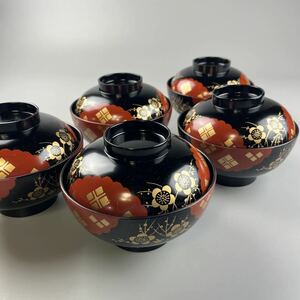 古美術 蒔絵 金蒔絵 吸物椀 蓋物 漆器 漆塗 5客 まとめて 当時物 黒漆 煮物碗 茶懐石 細密 検 茶碗 煎茶道具 茶道具 蒔絵 