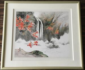 水墨画 在銘 華延 肉筆 真作 額装 風景画 中国画 山水画 紅葉 瀧 絵画 C-3