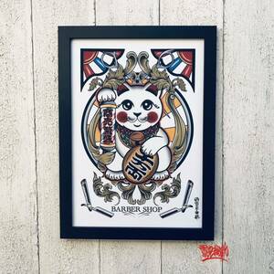 Art hand Auction オリジナル イラスト 尾九 BARBER バーバーショップ 床屋 インテリア 開運 商売繁盛 画 招き猫 サインポール A4サイズ フレーム付き, ハンドメイド作品, インテリア, 雑貨, 置物, オブジェ