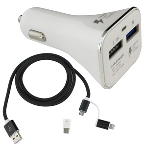 シガーソケット カーチャージャー USB 充電器 3WAY 充電ケーブル付き 12V 24V 2.1A 1A 白色