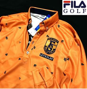 △A064新品【メンズM】オレンジ FILA GOLF フィラ ゴルフ 吸汗速乾 UV CUT ストレッチ 飛び柄 ボタンダウン長袖ポロシャツ