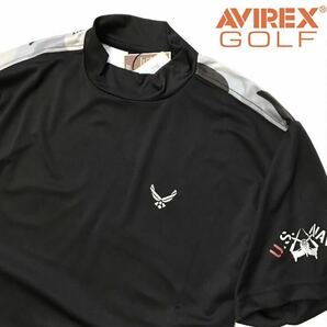 新品 メンズL【AVIREX GOLF】黒 アヴィレックス ゴルフ 背面 迷彩ロゴ モックネック 半袖シャツ 定価9900円の画像1