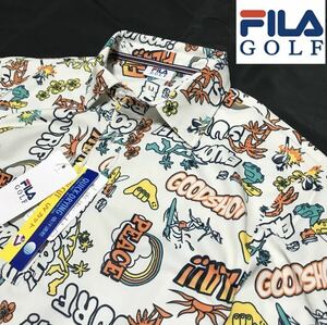 新品【メンズM】白ホワイト FILA GOLF アロハ柄 フィラゴルフ QUICK-DRY吸汗速乾 ストレッチ ポロシャツ