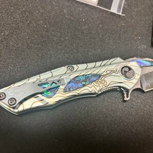 DEW HARA カスタムナイフ NOAH VG10 ダマスカスDLCブレード チタンハンドル アバロンインレイ DLCハードウェア Microtech 原龍一の画像3