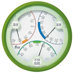 小型便 シンワ 温湿度・不快指数計 R-2 丸型 15cm グリーン 70500 サイズφ156x30mm 。