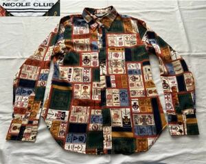 当時物90's NICOLE CLUB ニコルクラブ 総柄デザイン長袖ポリシャツS-M位☆日本製 ビンテージ90's 長袖トップス 長袖シャツ 美品