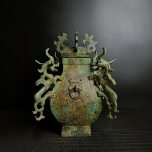 ▽鴻▽ 戦 青銅製 四龍方瓶 置物 古賞物 中国古玩 中国古美術