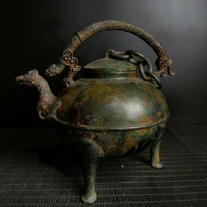 ▽鴻▽ 戦漢 青銅製 鶏首提梁壺 置物 古賞物 中国古玩 中国古美術