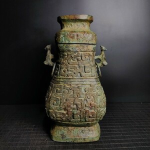 ▽鴻▽ 戦 青銅製 龍紋方瓶 置物 古賞物 中国古玩 中国古美術