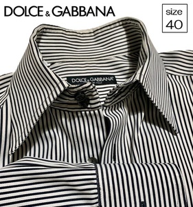 【中古】★DOLCE＆GABBANA★ドルチェ＆ガッバーナ★　長袖シャツ 　ライトグレー/ブラック　ストライプ　size40　イタリア製　100112