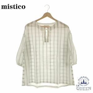 ☆美品☆ mistico トップス ブラウス 七分丈 ノーカラー リボン レディース ボーダー ホワイト 38 901-3808 送料無料