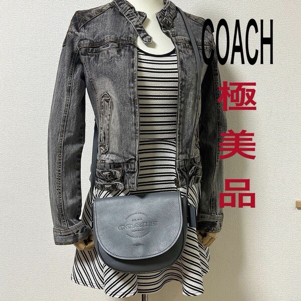 【極美品】COACH コーチ ショルダーバッグ 斜め掛け レザー 本革 グレー系 チャーム付き