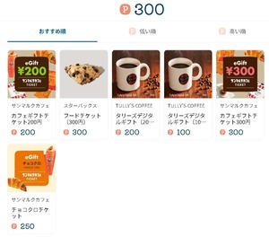 giftee Cafe Box 300円分 スターバックス　タリーズコーヒー　サンマルクカフェ　取引ナビ通知