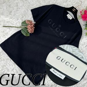 GUCCI グッチ レディース XLサイズ 大きいサイズ 半袖 Tシャツ カットソー 薄手 ロゴ入り 黒 ブラック 送料無料 人気モデル
