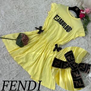 FENDI フェンディ レディース Sサイズ ズッカ柄 リボン フレア 半袖 膝丈ワンピース 薄手 黄色 イエロー キッズ 送料無料 人気モデル 