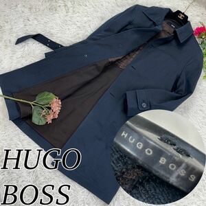 HUGO BOSS ヒューゴボス 美品 チェスターコート メンズ Lサイズ キルティング BOSS総柄 ロゴボタン ベルト付 レアモデル 送料無料 人気