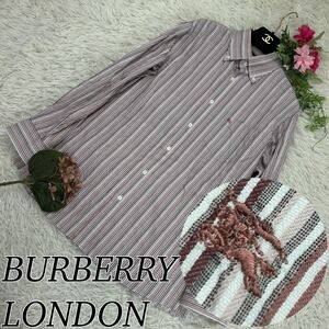 BURBERRY LONDON バーバリーロンドン メンズ Lサイズ シャツ 長袖 ストライプ ホースロゴ刺繍 ピンク ブラウン　送料無料 人気モデル