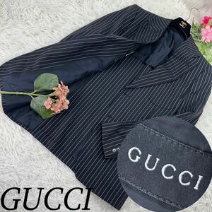 GUCCI グッチ メンズ テーラードジャケット シンプル ストライプ Lサイズ 肩パット ウール100% 黒 ブラック 送料無料 人気モデル ブレザー