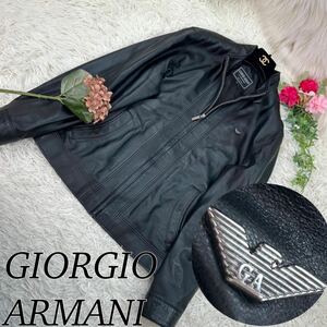 GIORGIOARMANI ジョルジオ アルマーニ メンズ Lサイズ レザージャケット ロゴプレート 黒 ブラック ラムレザー レアモデル 送料無料 人気