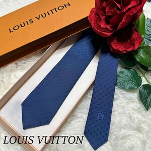 LOUIS VUITTON モノグラム ネイビー ブルー ルイヴィトン ネクタイ 美品 柄 メンズ 人気モデル 送料無料 カッコいい 総柄 高級 細め 