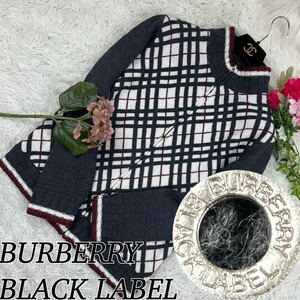 BURBERRY BLACKLABEL バーバリーブラックレーベル グレー ボルドー メンズ Sサイズ ブルゾン ニット セーター 長袖 チェック ジップアップ