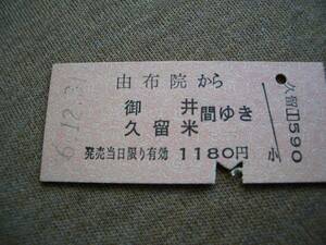 切符　硬券　国鉄線　普通乗車券　湯布院→御井・久留米　　昭和56年12月31日　湯布院駅発行