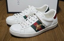 定価10.7万 良品 GUCCI グッチ ACE エース BEE ビー エンブロイダリー スニーカー 429446 レザー ホワイト メンズ 7 革靴 シューズ_画像1