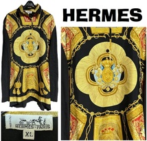 新品同然80’SビンテージHERMES PARISエルメススカーフ柄チュニック★ブラック★XL_画像1