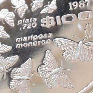 メキシコ 1987 100ペソ銀貨プルーフ 25th World Wildlife Fund-Monarch butterfliesの画像4