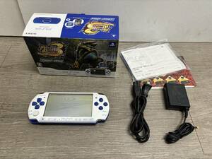 ☆ PSP ☆ プレイステーションポータブル PSP-3000 ブルー ホワイト 動作品 本体 アダプター モンハン新米セット バッテリー欠品 6800