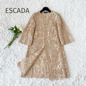 美品☆ESCADA☆エスカーダ　総レースシルクロングジャケット 透け感 ピンクベージュ サイズ36