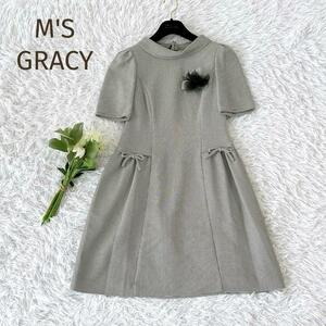 美品☆M'S GRACY☆エムズグレイシー　コサージュ付き半袖フレアワンピースAライン サイズ38