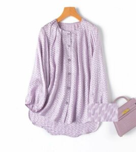 新品通気高品質レデイース100％シルクシャツ長袖トップスジャカード紫～XL