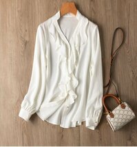 新品通気高品質レデイース100％シルクシャツジャカード長袖ブラウス白L_画像1