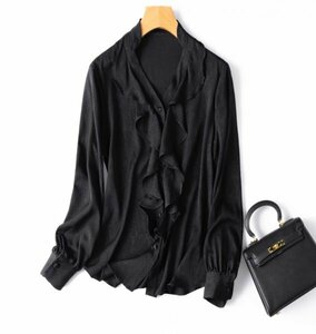 新品通気高品質レデイース100％シルクシャツジャカード長袖ブラウス黒L