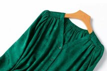 新品通気高品質レデイース100％シルクシャツ長袖トップスジャカードV緑L_画像2