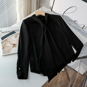 新品可愛いレデイース通気性シフォンシャツ長袖トップスリボン黒XL