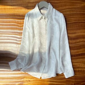 新品通気高品質レデイース100％シルクシャツ長袖トップスグジャカード白M