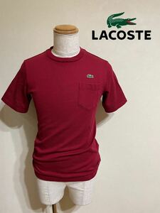 【美品】 LACOSTE ラコステ 鹿の子 クルーネック Tシャツ 胸ポケット トップス サイズ2 半袖 バーガンディTH219EL