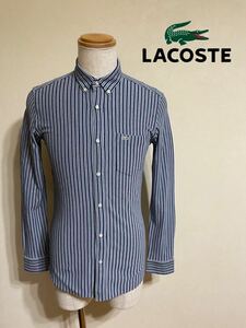 【美品】 LACOSTE ラコステ ボタンダウン 鹿の子 ストライプ シャツ トップス 銀ワニ サイズ2 長袖 スリムフィット PH781E 日本製 ネイビー